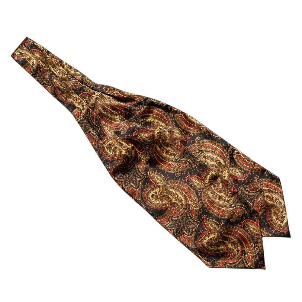 Mens Paisley Ascot Cravat Black Gold Red Formal Wedding Necktie Scarf Classic